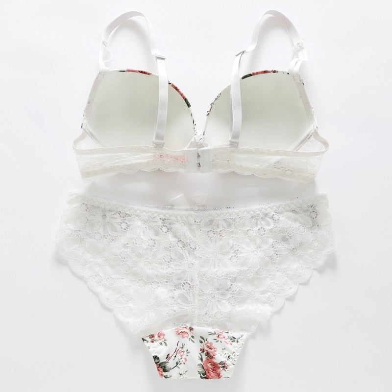 Floral Women Underwear Lace Sexy Push-up Bra and Panty Lingerie Set Comfortable Padded Brassiere Adjustable Gathered Sets