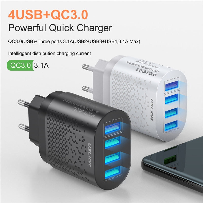 USLION EU/US Plug USB Charger 3A Quik Charge 3.0 Mobile Phone Charger For iPhone 11 Samsung Xiaomi 4 Port 48W Fast Wall Chargers
