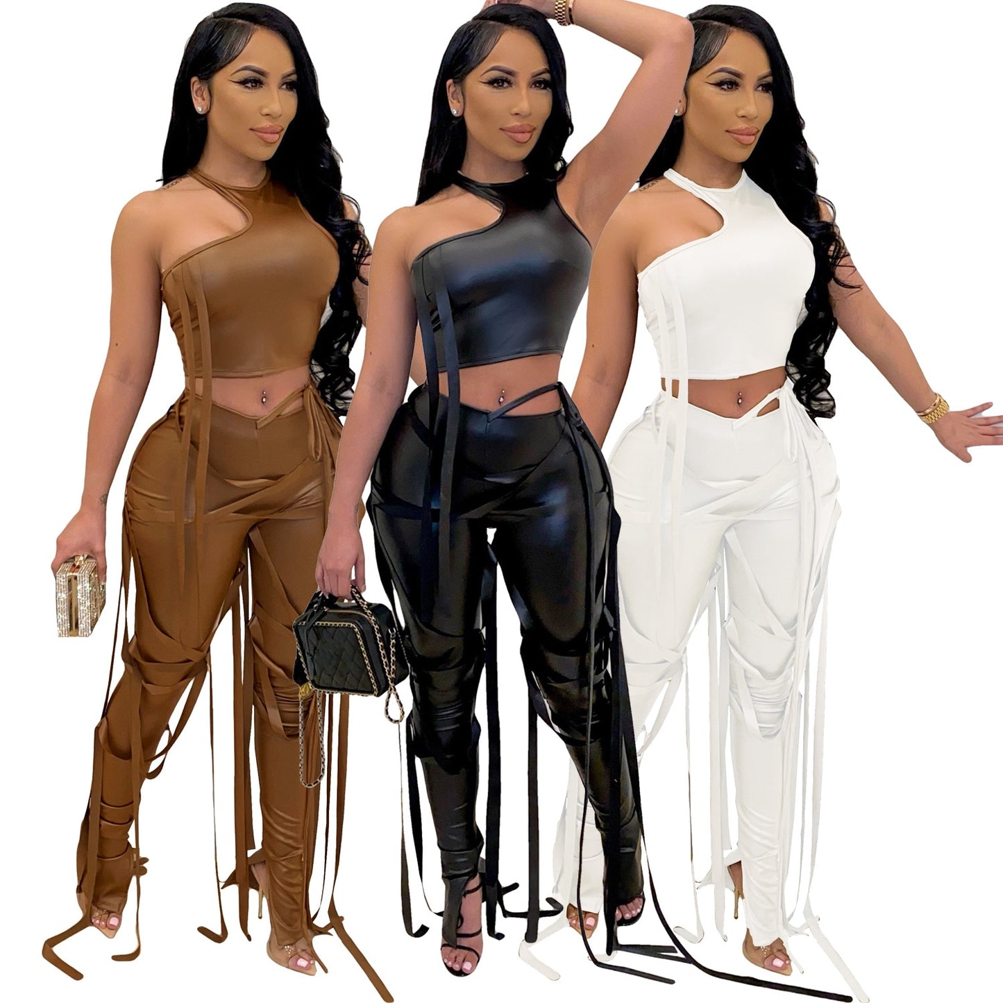 PU Leather Bandage Two Piece Set Women Sexy One Shoulder Crop Top + Lace Up Slit Hem Pants Club Party 2 Piece Set Outfits y2k