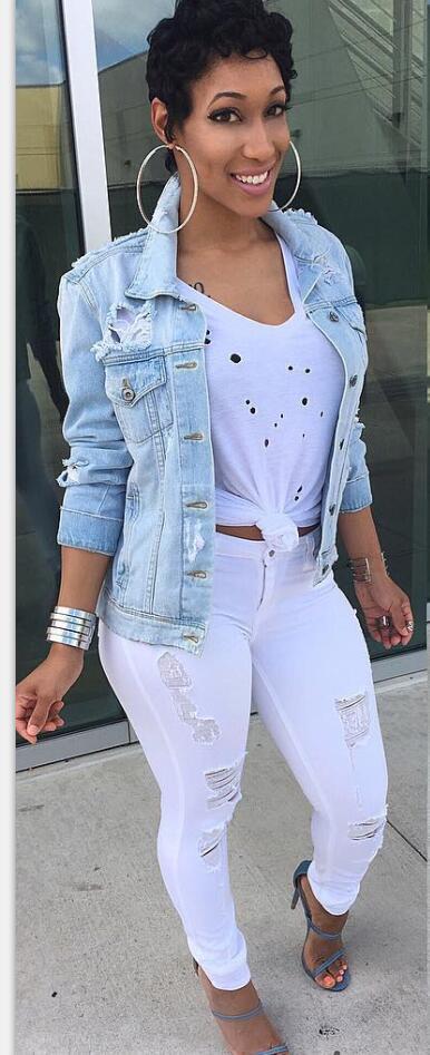 FNOCE autumn women's ripped denim jackets street fashion solid long sleeve hole hollow out slim Large Size Jeans Coat jackets