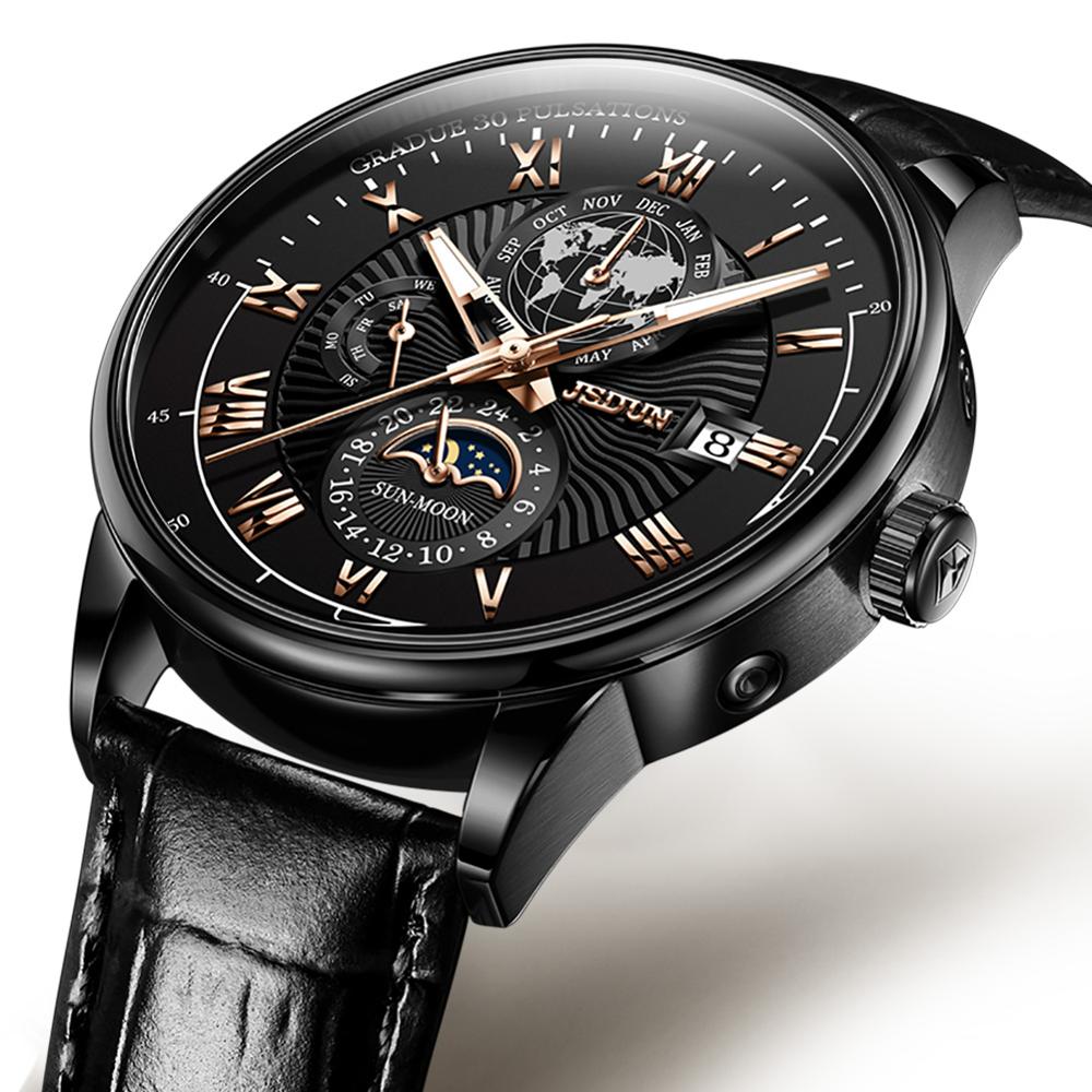 JSDUN Men's Mechanical Watch Luminous Leather Strap Waterproof Man Watch Top Brand Luxury Business Watch For Men Moonswatch 8909