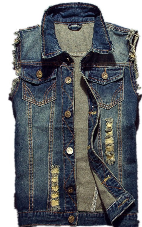 2022 Ripped Jean Jacket Men's Denim Vest Hip Hop Jean Coats