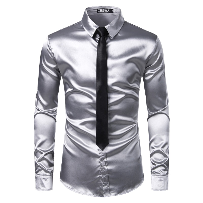 2pcs Silver Silk Shirt+Tie Mens Satin Smooth Tuxedo Shirts