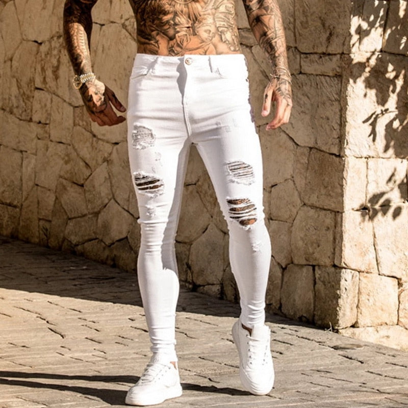 2022 Pencil Pants Elastic Sweatpants Men Fit Solid Ripped Denim Harem Pants