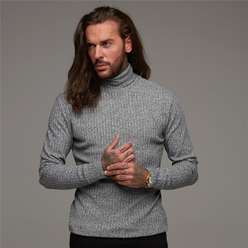Autumn Winter Fashion Turtleneck Mens Thin Sweaters Casual Roll Neck