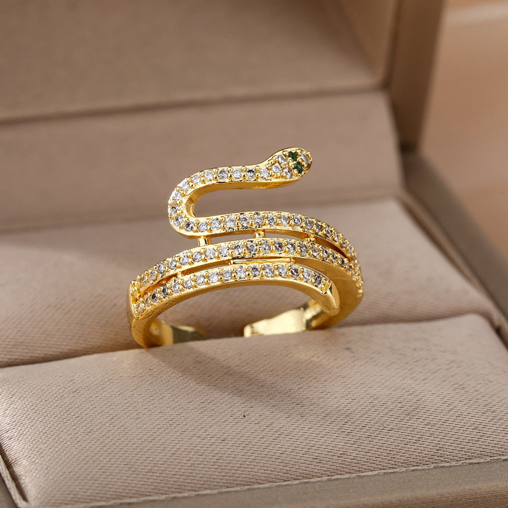 Snake Rings For Women Men Punk Hip Hop Open Adjustable Gold Plated Ring Stainless Steel Zircon Aesthetic Jewelry anillos Homme