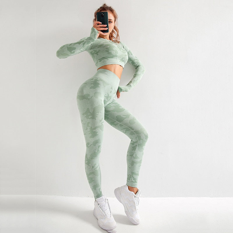 RUUHEE Women Yoga Set Camouflage Seamless Long Sleeve High Waist Leggings and Bra Workout Sportwears 2 Piece Gym Suit Female