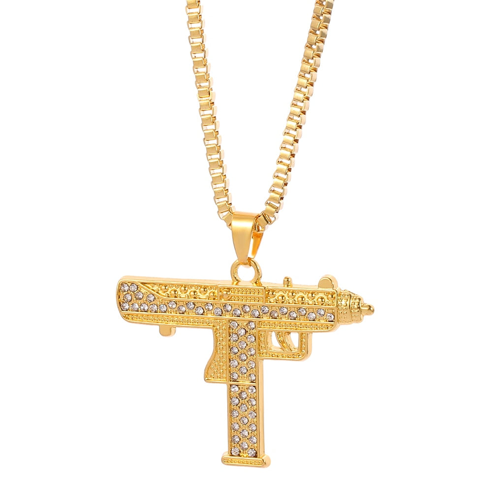 Cool Gothic Hip Hop UZI Kolye GUN Shape Pendant Necklace Gold Black Silver Color Army Style Male Chain Men Necklaces Jewelry