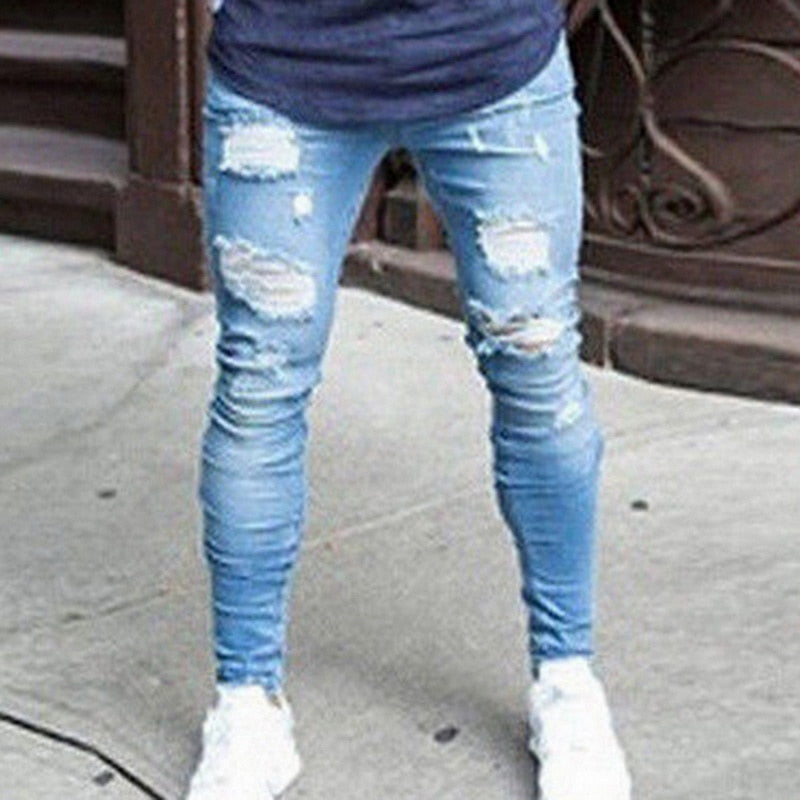 2022 Pencil Pants Elastic Sweatpants Men Fit Solid Ripped Denim Harem Pants
