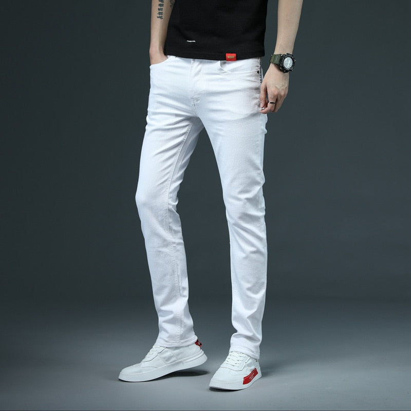 2022 New Men's Skinny White Jeans Fashion Casual Elastic Cotton Slim Denim Pants