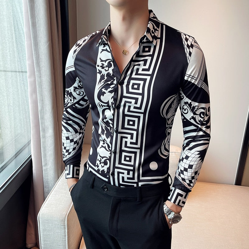 dress shirt semi formal baroque attire for men Luxury Long Sleeve Mens Baroque Shirts Dress Autumn Party Prom Wear Sl – Mega Mart Center