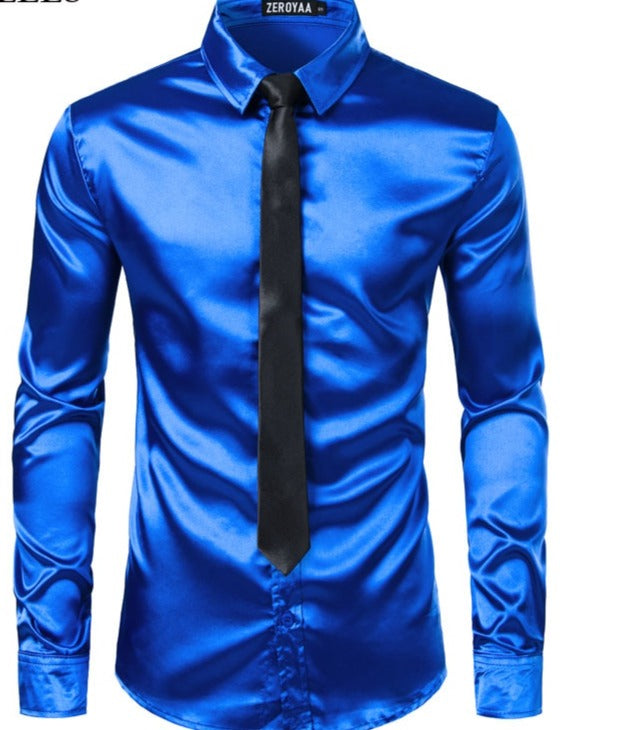 2pcs Silver Silk Shirt+Tie Mens Satin Smooth Tuxedo Shirts