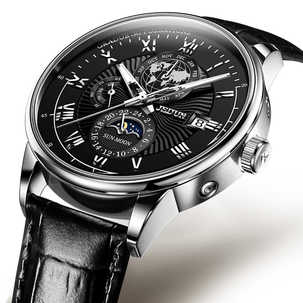 JSDUN Men's Mechanical Watch Luminous Leather Strap Waterproof Man Watch Top Brand Luxury Business Watch For Men Moonswatch 8909