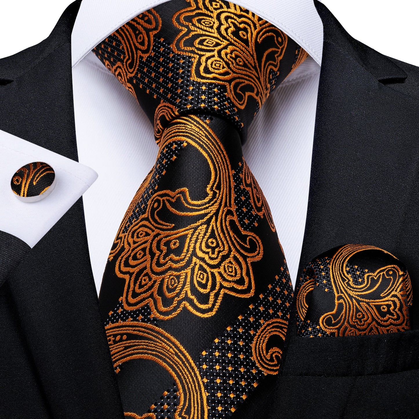 Men Tie Black Gold Paisley Quality Wedding Tie For Men Hanky Cufflink Silk Tie Set DiBanGu Novelty Design Business Party MJ-7313