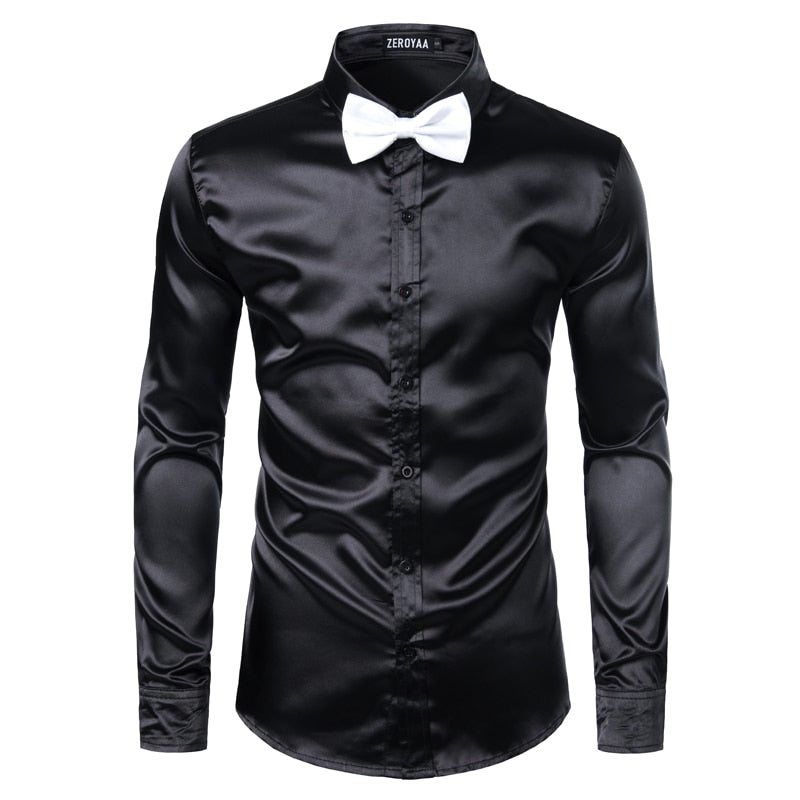 2pcs Silver Silk Shirt+Tie Mens Satin Smooth Tuxedo Shirts