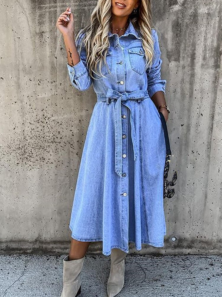 Vintage Denim Mini Dress Women Long Sleeve Turn Down Collar Button Tied Pencil Dress Female Spring Summer Slim Fit Jeans Dresses