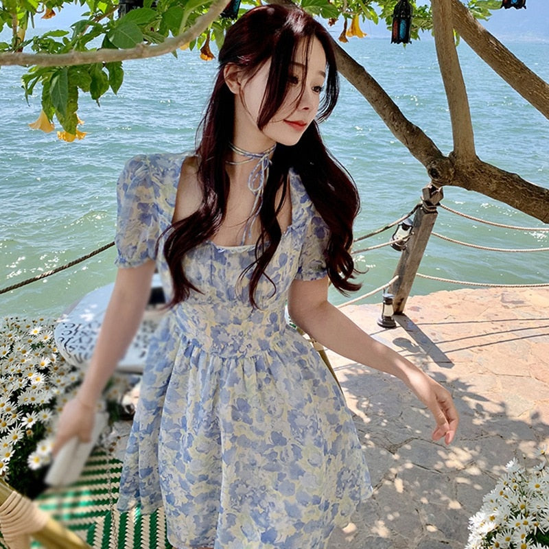 Sexy Y2k Mini Dress Summer Sweet Kawaii Women Retro Floral Puff Sleeve Fairy Dress