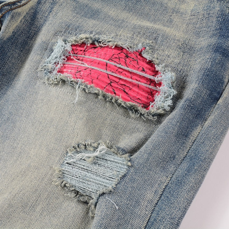 Men's Cracked Patch Biker Jeans Streetwear Pleated Patchwork Stretch Denim Pants Holes Ripped Distressed Skinny Tapered Trousers