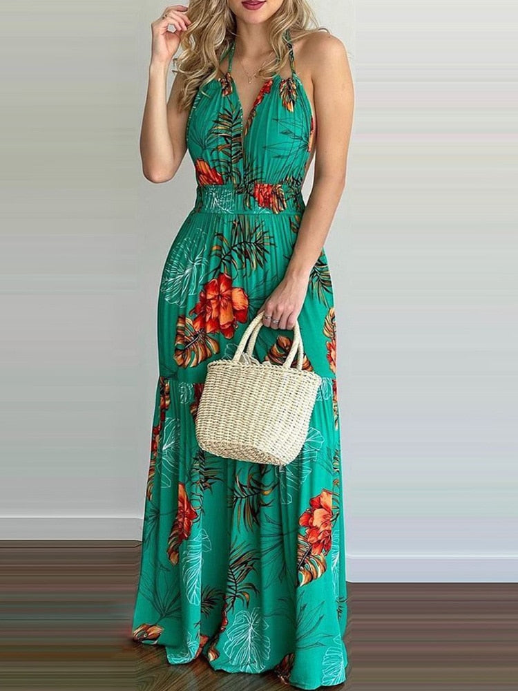 Women Tropical Print Sexy Halter Backless Summer Maxi Dress Women Tropical Print Sexy Halter Backless Summer Maxi Dress