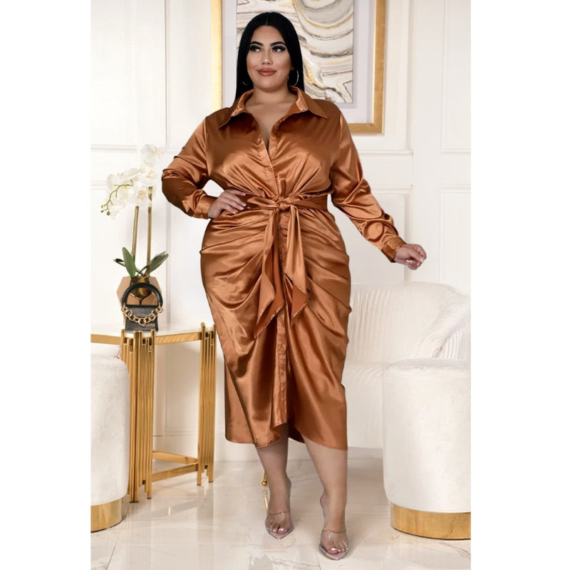 Elegant Satin Plus Size Women Shirt Dress Sexy Ruched Long Sleeve Lace