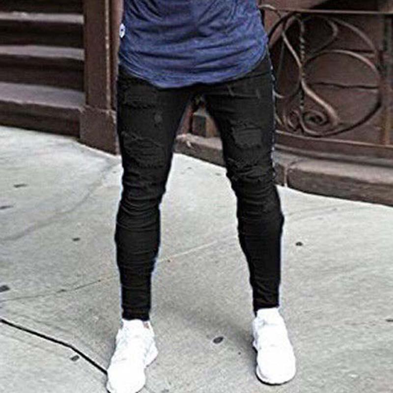 Pants Men Jeans Skinny Hip Hop Sky Blue Jeans Mens Stretchy Ripped Slim Fit Denim Destroyed Hole High Quality Jean Streetwear