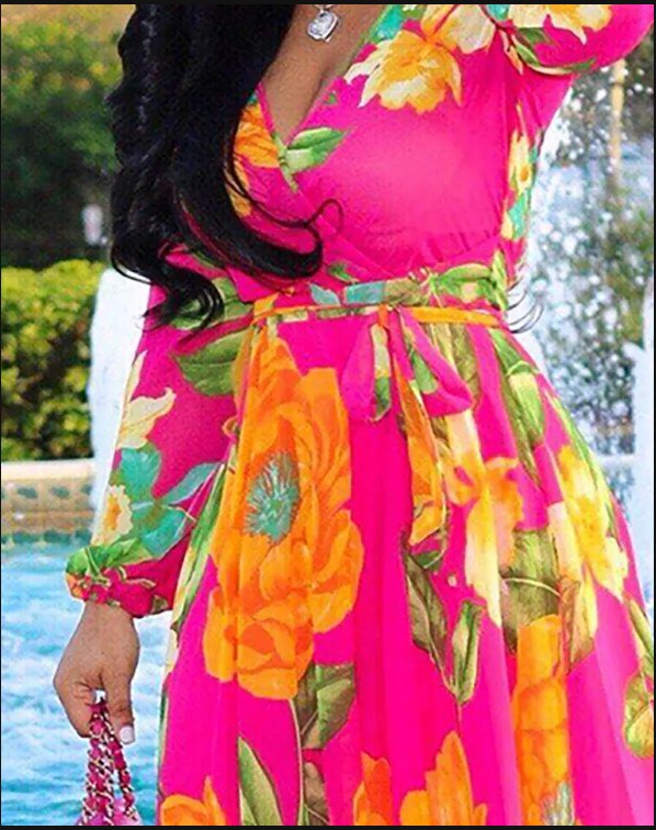 Sexy Women's long dress, Sexy Deep V Tropical Print Belt Warp Maxi Dress,