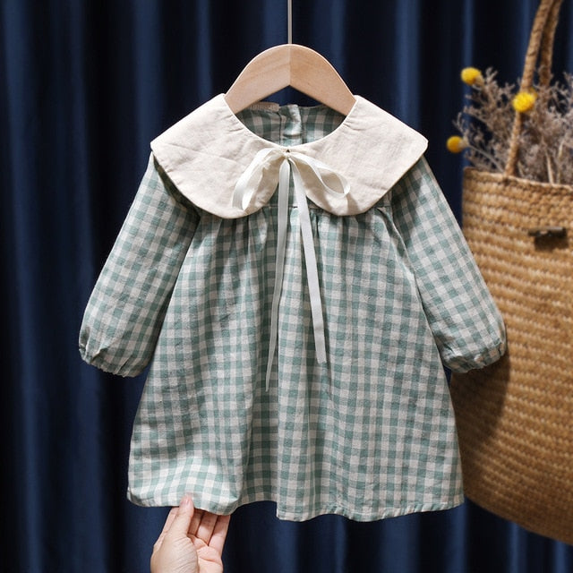 Spring Summer Girls Clothing Cute Children Dresses Kids Baby Girl Plaid Cotton Linen Lapel Collar Dress Long Sleeve Skirt