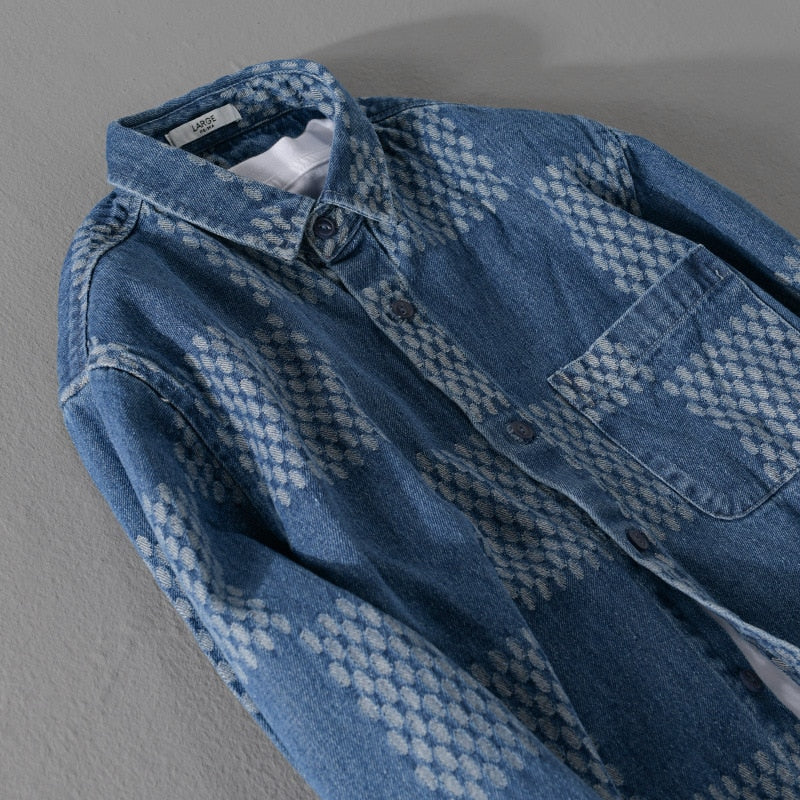 Men's Long Sleeve Denim Shirt Fashion Casual Big Grid Fashion Handsome Young Man Loose Top Coat