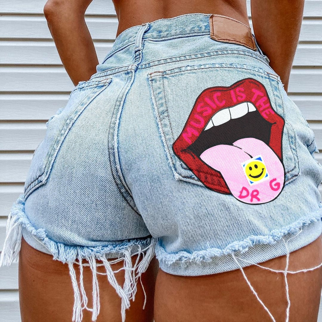 Hot Summer Women's Shorts Pockets Printed Pattern Big Stone Love Ripped Raw INS Influencer