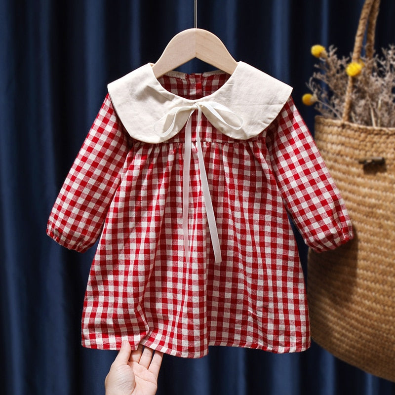 Spring Summer Girls Clothing Cute Children Dresses Kids Baby Girl Plaid Cotton Linen Lapel Collar Dress Long Sleeve Skirt