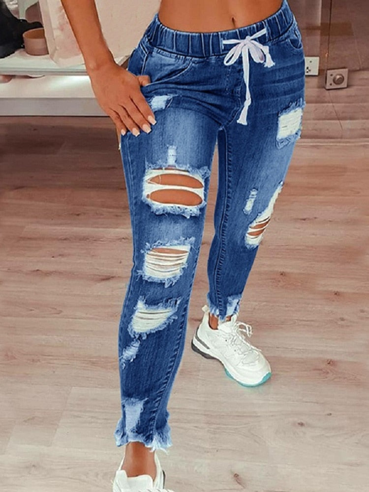 Drawstring Denim Jeans For Women Ripped Hole Stretch Jean Ladies Full Length Pencil Pants