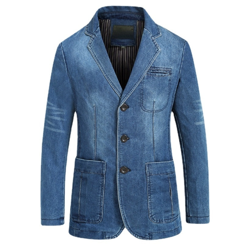 Blazers Jacket Men Casual Denim Slim Pocket Splicing Coat Turn-down Collar Blazers Jacket