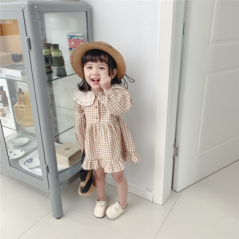 Spring Summer Girls Clothing Cute Children Dresses Kids Baby Girl Plaid Cotton Linen Lapel Collar Dress Long Sleeve Skirt