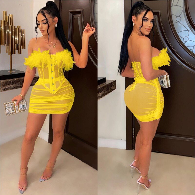 Sexy Nightclub Wear 2 Piece African Set Solid Sleeveless Mesh Perspective Feather Top Folds Mini Skirt Matching Women Set Summer