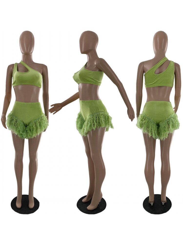 Solid Feather Fringe Shorts Crop Top Two Piece Set Summer Women Sexy Bodycon Tracksuit Party Outfits 2022 Swimsuit Cover-up