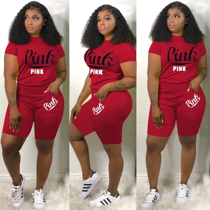 Summer Tracksuit Set For Plus Size Women 2XL Pink Letter Print Top Biker Shorts Suits Casual 2 Piece Set Sport Outfits Sweatsuit