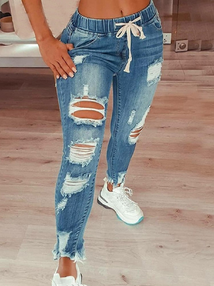 Drawstring Denim Jeans For Women Ripped Hole Stretch Jean Ladies Full Length Pencil Pants
