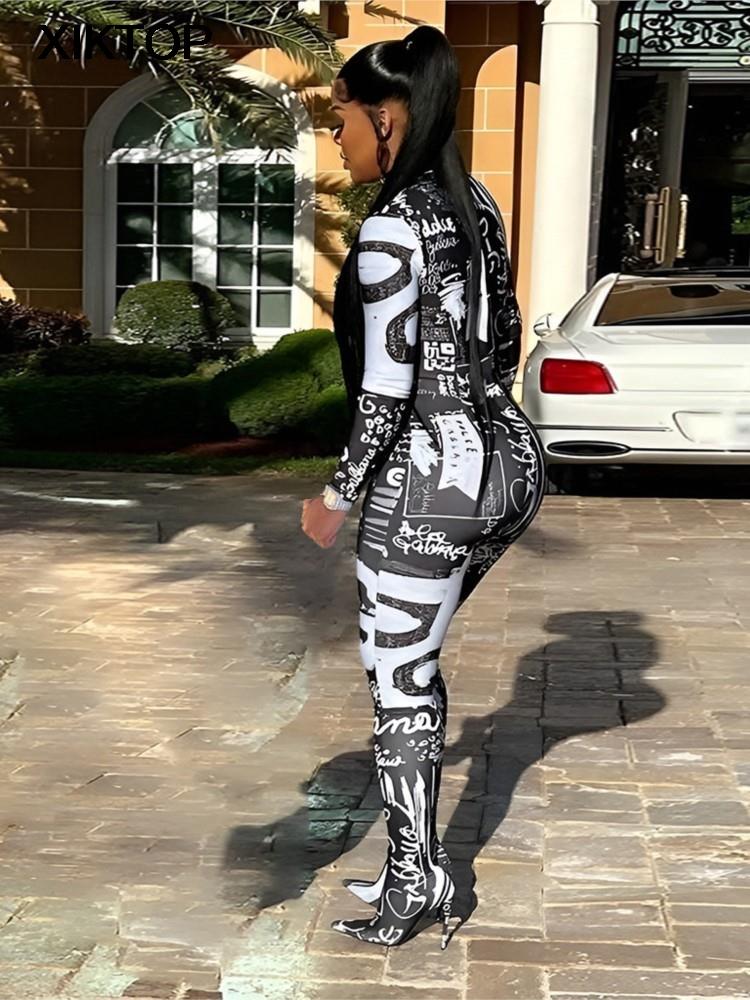 Xiktop Sexy 3D Letter Print Overalls for Women Jumpsuit Women Long Sleeve Hip Lift Bodysuit