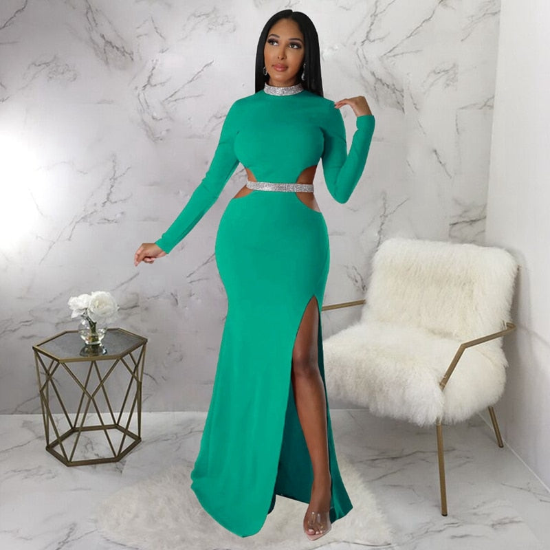 Female Autumn Winter Long Maxi Dress Cutout Waist High Side Split Long –  Mega Mart Center