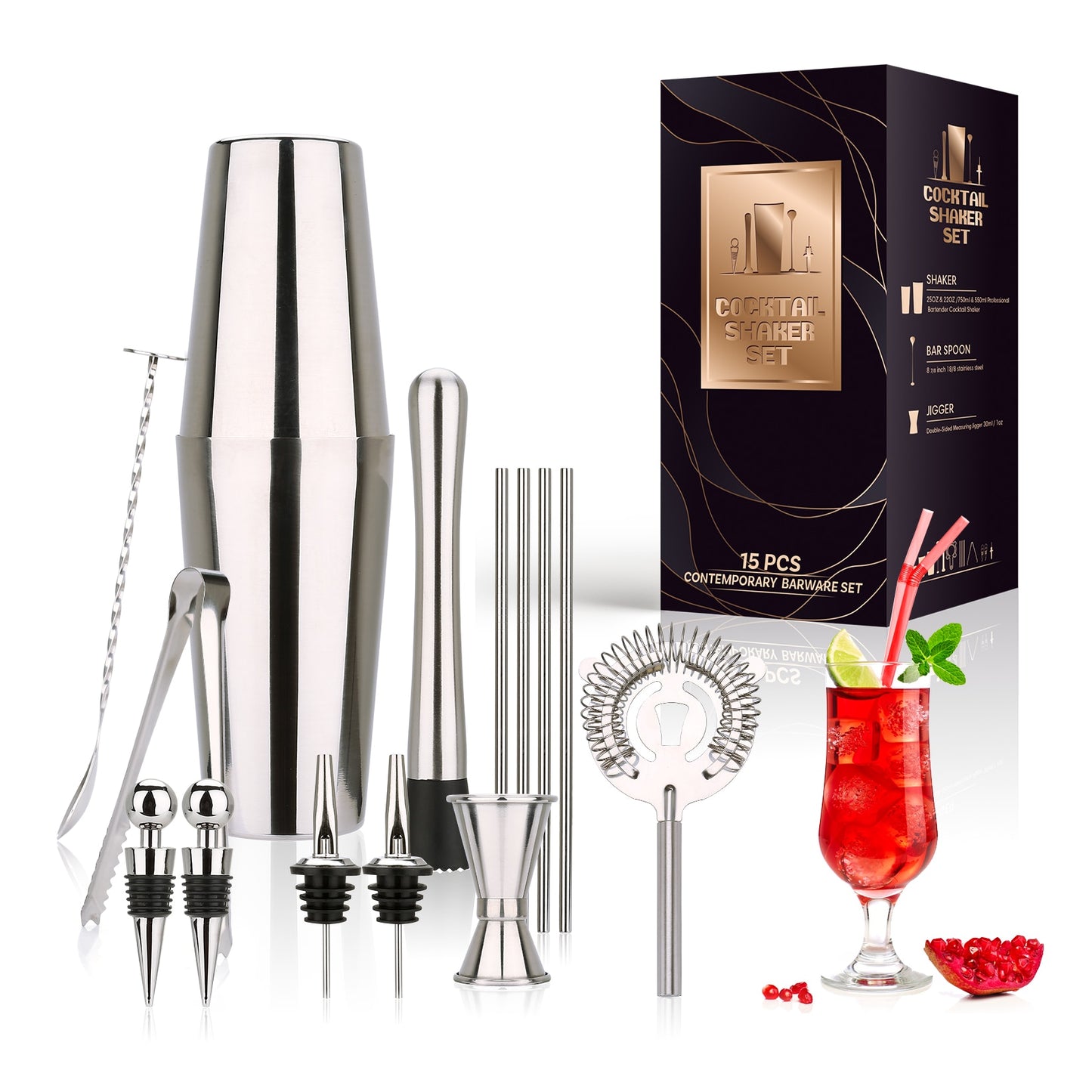 Cocktail Shaker Making Set,16pcs Bartender Kit For Mixer Wine Martini, Stainless Steel Bars Tool, Home Drink Party Accessories