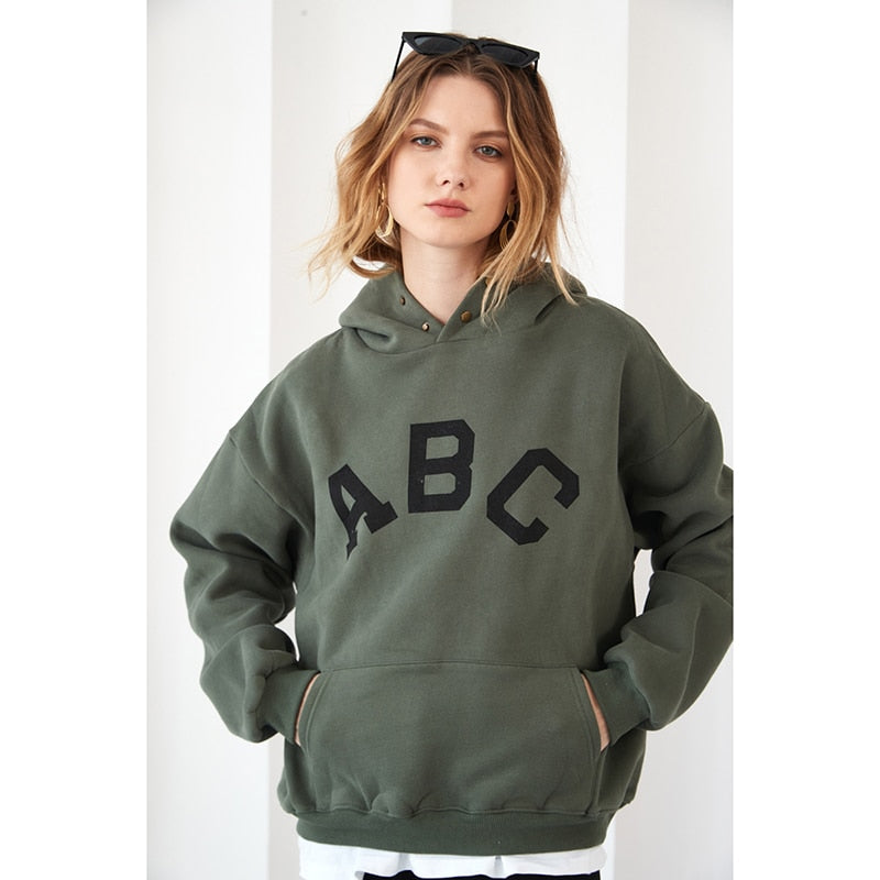 Vintage Hooded Sweatshirt Streetwear Light Gray Dark Green Long Sleeve Oversized Hoodie Winter Warm Cotton Fleece Hoodies Women