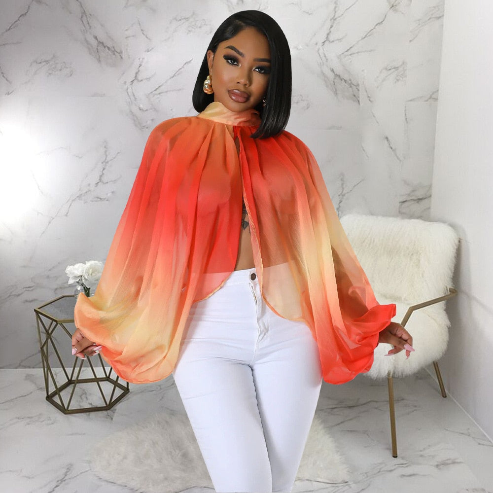 Women Fashion Printed Batwing Long Sleeve Front Split See Though