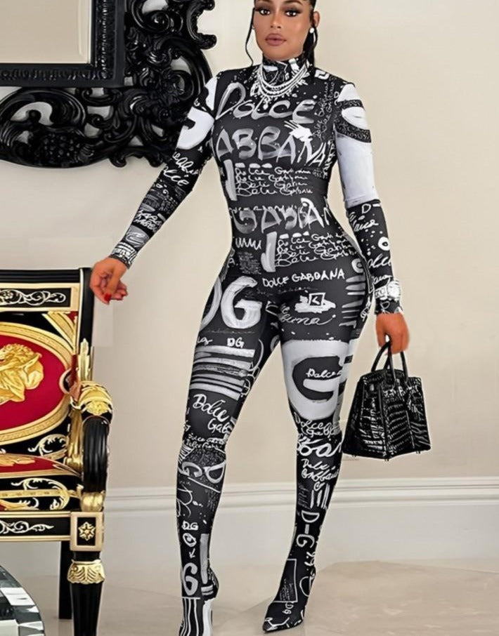 Xiktop Sexy 3D Letter Print Overalls for Women Jumpsuit Women Long Sleeve Hip Lift Bodysuit