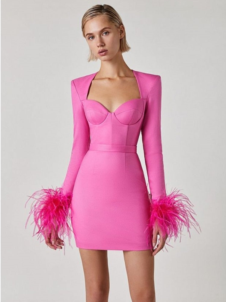 Women Winter Sexy Long Sleeve Feathers Hot Pink Black Mini Bodycon Ban Women Winter Sexy Long Sleeve Feathers Hot Pink Black Mini Bodycon Ban