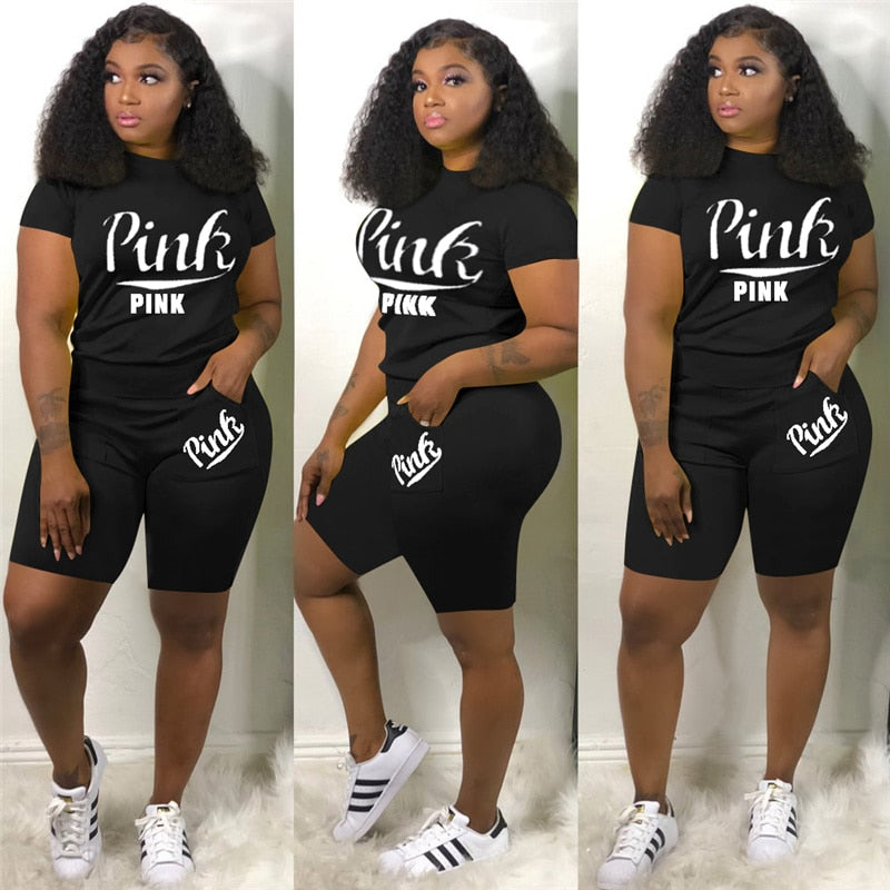Summer Tracksuit Set For Plus Size Women 2XL Pink Letter Print Top Biker Shorts Suits Casual 2 Piece Set Sport Outfits Sweatsuit