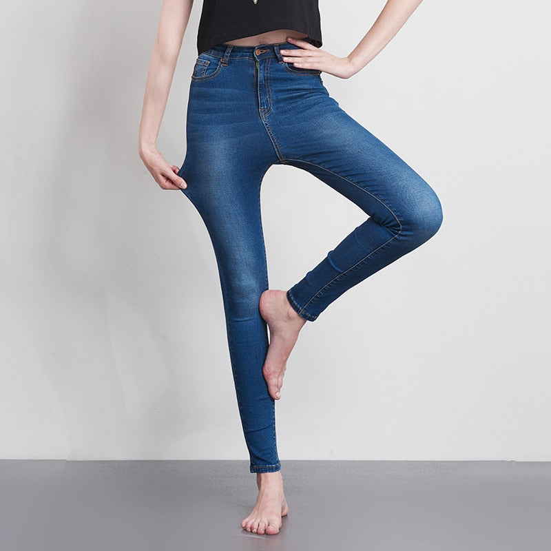 Women Jeans Casual High Waist Summer Autumn Pant Slim Stretch Cotton Denim Trousers For Woman Blue Black 100kg