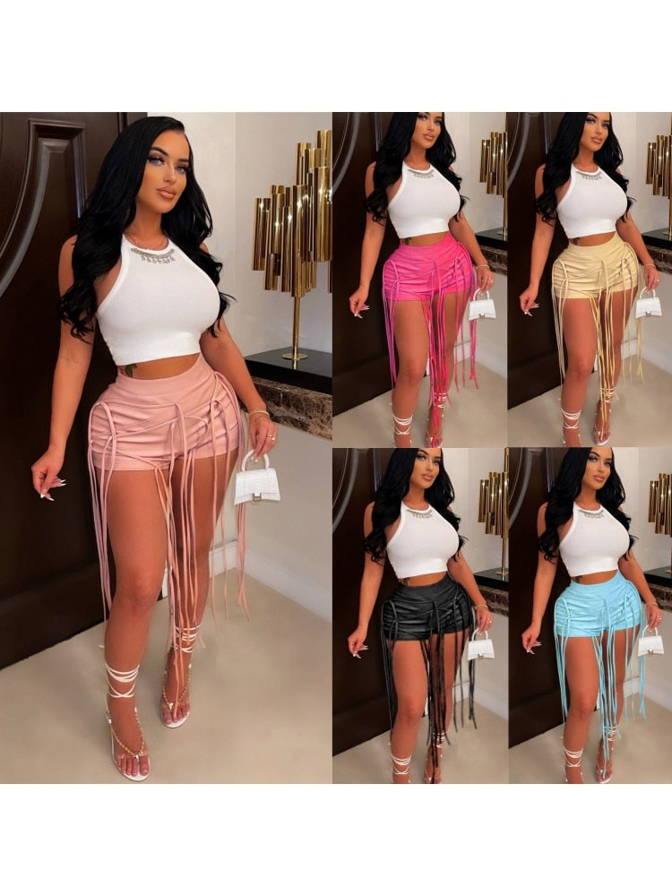 2022 Sexy Womens Wetlook Tassel Mini Shorts PU Leather High Waist Lace-up Back Booty Shorts
