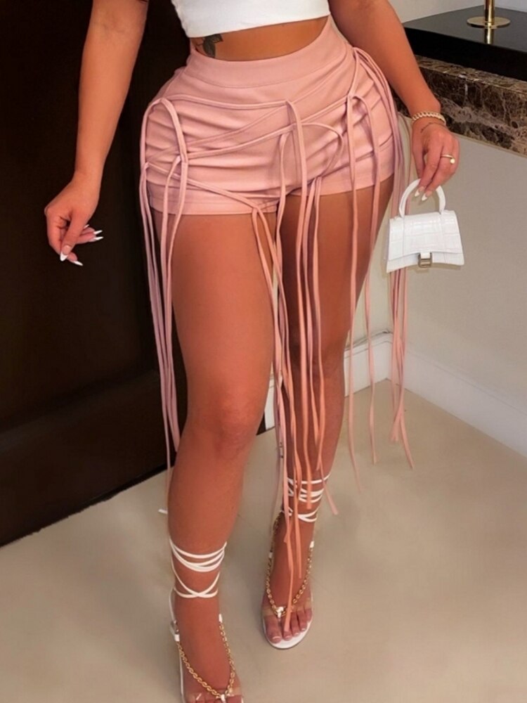 2022 Sexy Womens Wetlook Tassel Mini Shorts PU Leather High Waist Lace-up Back Booty Shorts