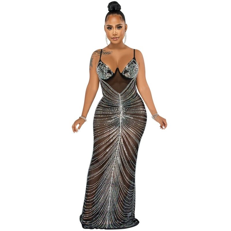 Sparkle Sheer Mesh Rhinestones Long Maxi Dress Gown Women Glam Spagetti Straps Crystal Sexy Evening Party Dress Outifts