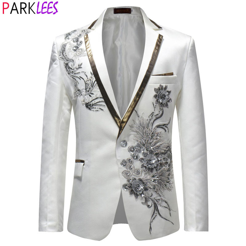 White Floral Sequin Embroidery Suit Jacket Men Wedding Groom Tuxedo Suit Blazers Mens One Button Peak Lapel Stage Costume Homme